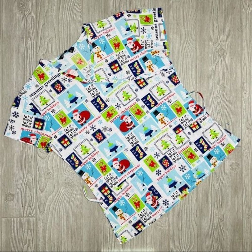 Cassandra O Christmas Santa and snowman nurse scrub top shirt sm pocket and tie